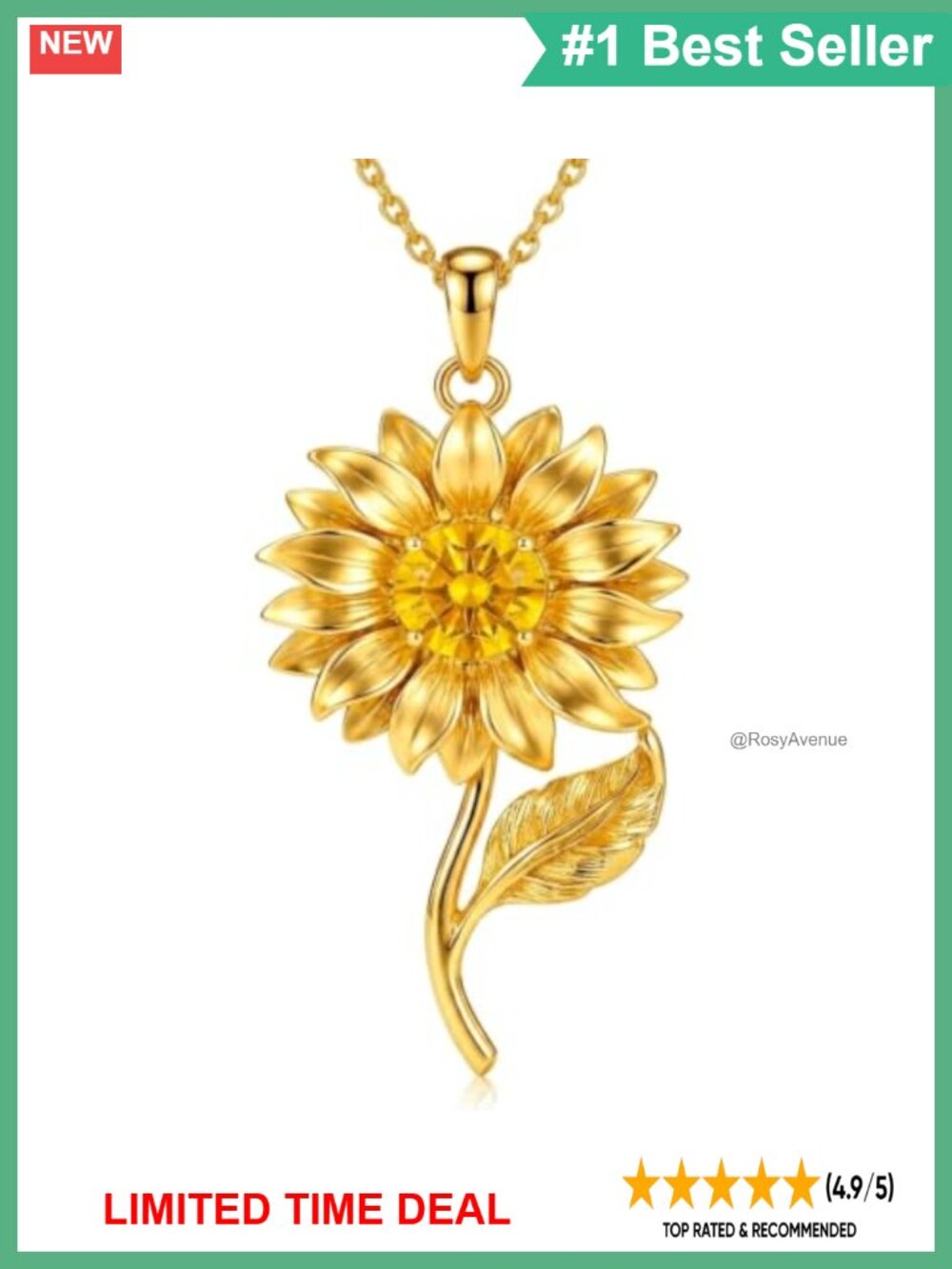 14K Gold Plated Sunflower Pendant Necklace Natural Citrine Gemstone Gift